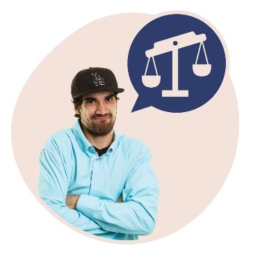 A person with their arms crossed and a speech bubble showing unbalanced scales of justice.