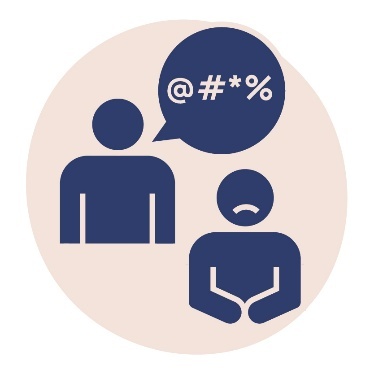 A person looking sad while another person behind them has a speech bubble showing symbols for rude words.