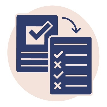 A policy document with an arrow pointing to a list of rules with ticks and crosses next to them.