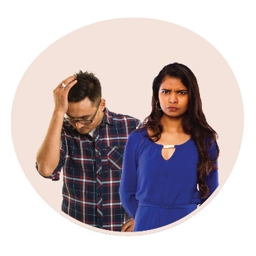A sad person with their hand on their head looking down, and another person looking cross.