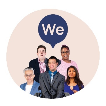 A group of people with a speech bubble that says 'We' above them.