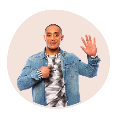 A person pointing to themself and raising their other hand.
