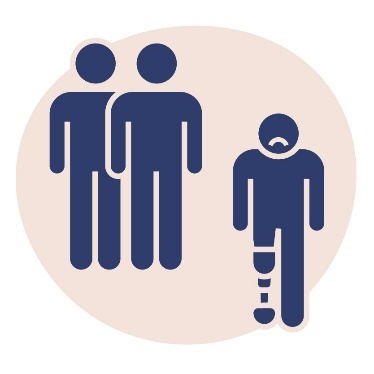 A person with a prosthetic leg looking sad while 2 people stand away from them.