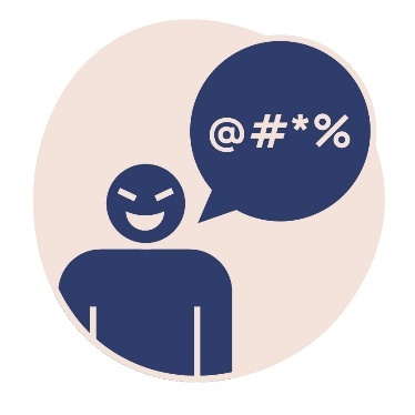 A person smiling in a mean way. Next to them is a speech bubble that shows symbols for rude words.