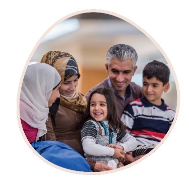 A family smiling at each other. The women are wearing head dresses.