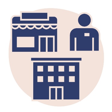 A shop, a person with a name tag and an office building.