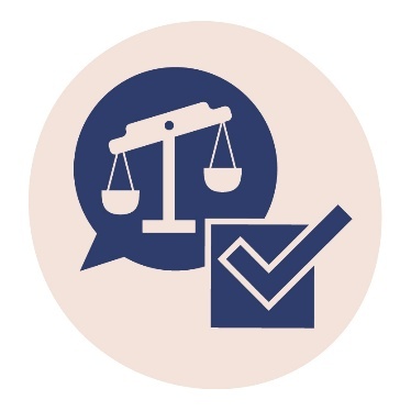 A speech bubble that shows an unbalanced scale next to a check box with a tick.