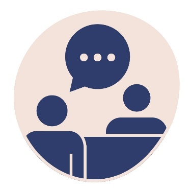 A person meeting someone who is behind a desk. Above their head is a speech bubble.