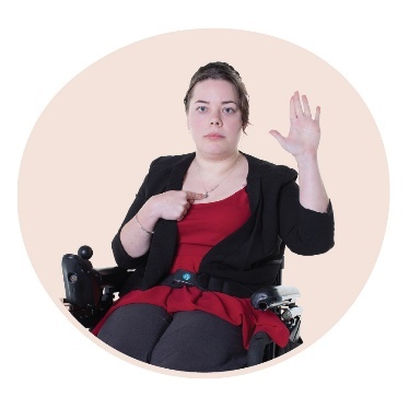 A person with disability pointing to themself and raising their other hand.