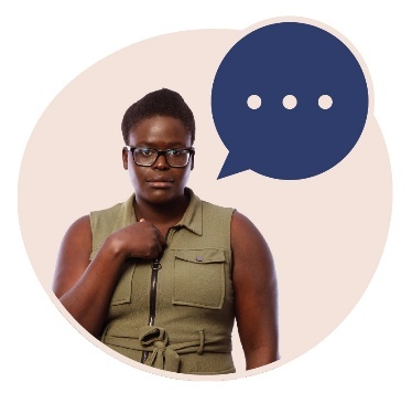 A person pointing to themself. Above them is a speech bubble.