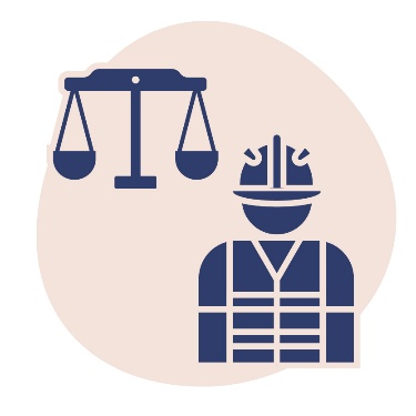 A balanced scale next to a person in a worker uniform.