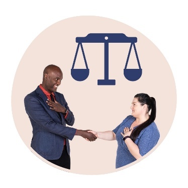 2 people shaking hands and above them is a balanced scale.